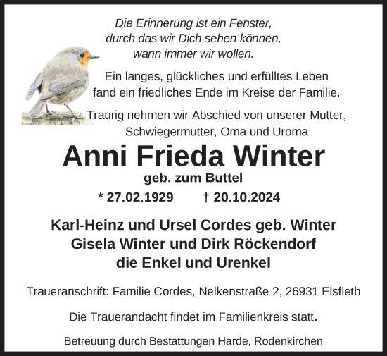 Traueranzeige von Anni Frieda Winter von Nordwest-Zeitung