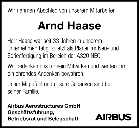 Traueranzeige von Arnd Haase von Nordwest-Zeitung