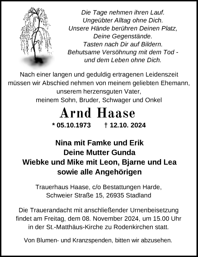  Traueranzeige für Arnd Haase vom 17.10.2024 aus Nordwest-Zeitung