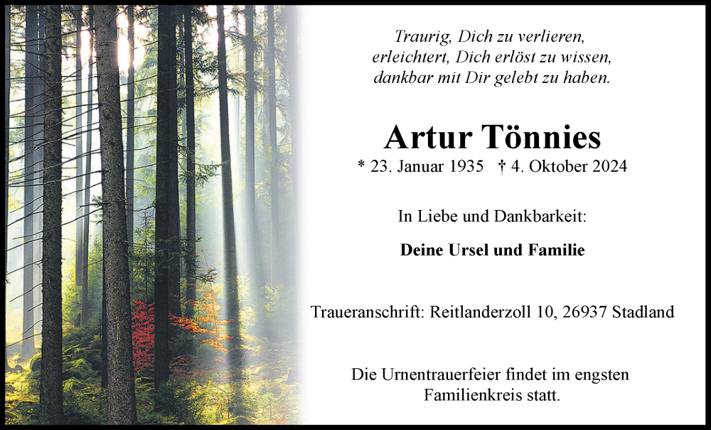  Traueranzeige für Artur Tönnies vom 10.10.2024 aus Nordwest-Zeitung