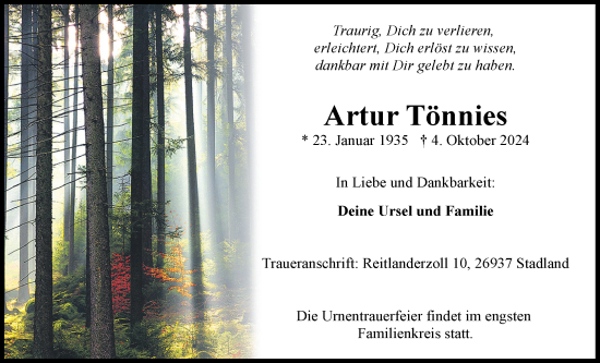 Traueranzeige von Artur Tönnies von Nordwest-Zeitung
