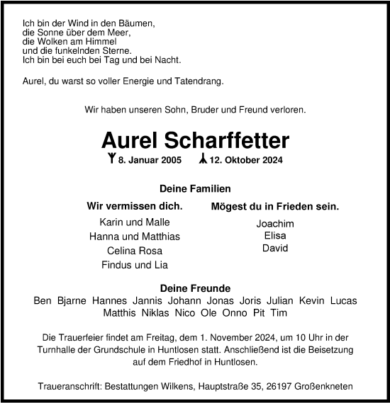 Traueranzeige von Aurel Scharffetter von Nordwest-Zeitung