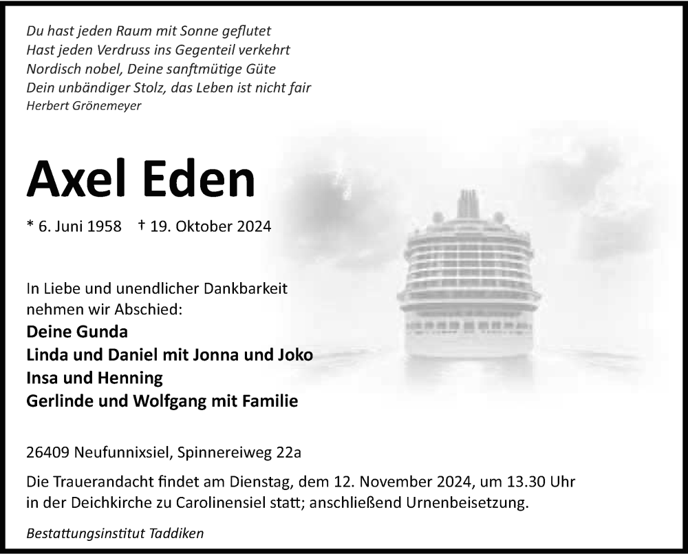  Traueranzeige für Axel Eden vom 23.10.2024 aus WZ/JW/AH