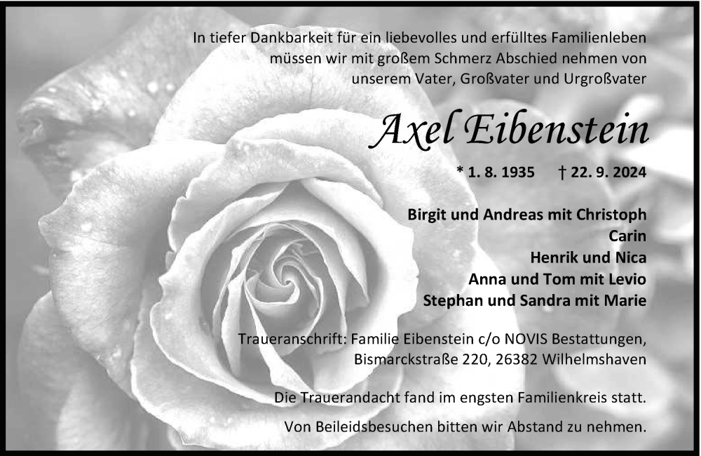  Traueranzeige für Axel Eibenstein vom 26.10.2024 aus WZ/JW/AH