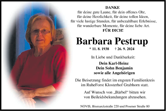 Traueranzeige von Barbara Pestrup von WZ/JW/AH