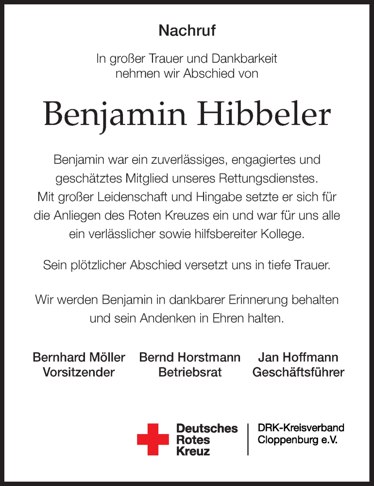  Traueranzeige für Benjamin Hibbeler vom 19.10.2024 aus Nordwest-Zeitung