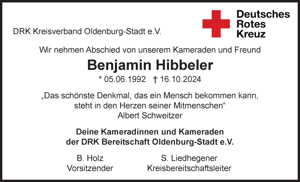  Traueranzeige für Benjamin Hibbeler vom 19.10.2024 aus Nordwest-Zeitung