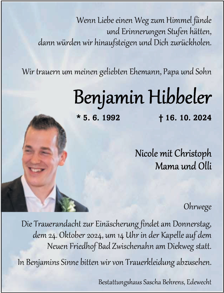  Traueranzeige für Benjamin Hibbeler vom 19.10.2024 aus Nordwest-Zeitung