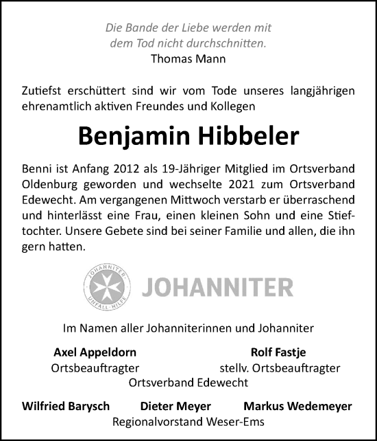 Traueranzeige von Benjamin Hibbeler von Nordwest-Zeitung