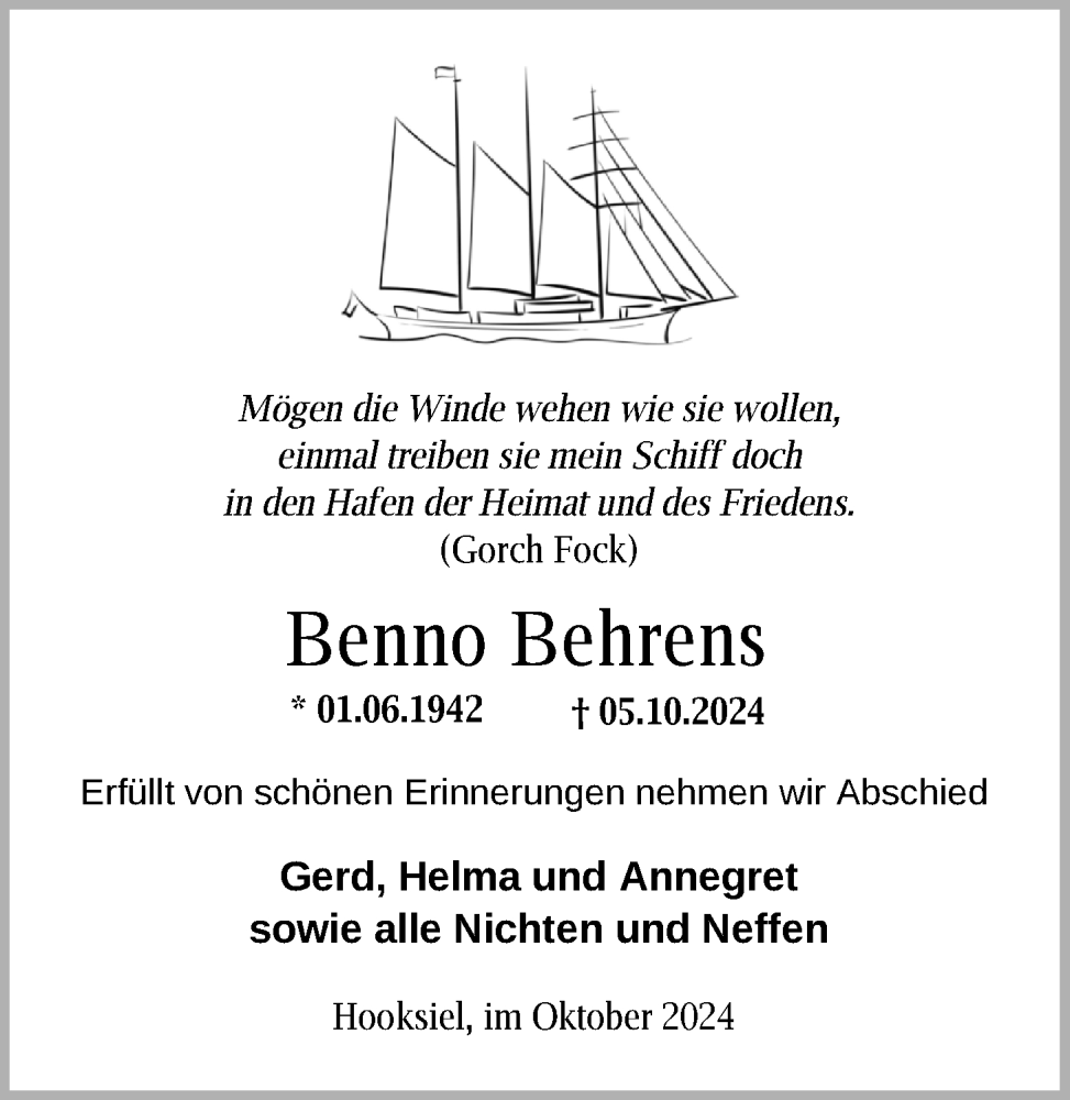  Traueranzeige für Benno Behrens vom 12.10.2024 aus WZ/JW/AH