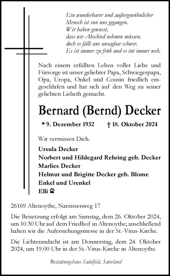 Traueranzeige von Bernard Decker von Nordwest-Zeitung