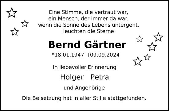 Traueranzeige von Bernd Gärtner von WZ/JW/AH