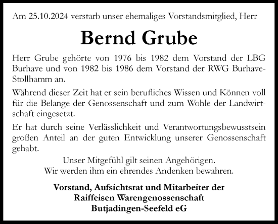 Traueranzeige von Bernd Grube von Nordwest-Zeitung