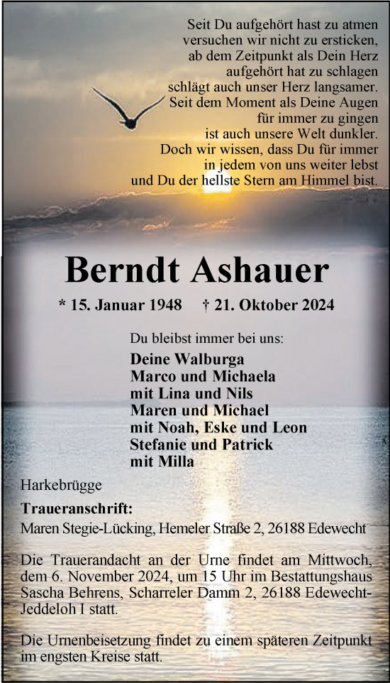 Traueranzeige von Berndt Ashauer von Nordwest-Zeitung