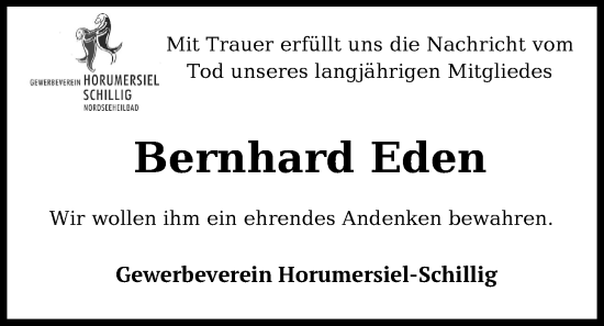 Traueranzeige von Bernhard Eden von WZ/JW/AH