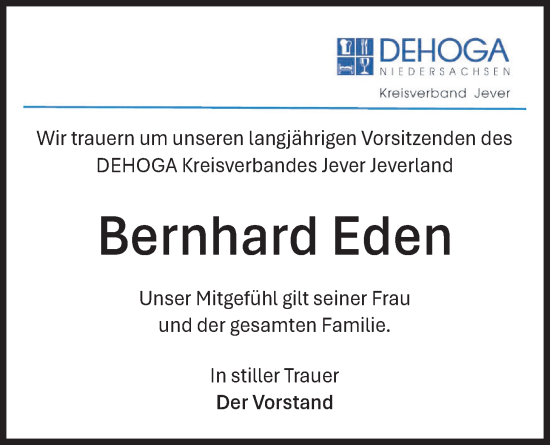 Traueranzeige von Bernhard Eden von WZ/JW/AH