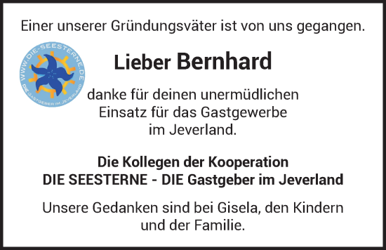 Traueranzeige von Bernhard Eden von WZ/JW/AH