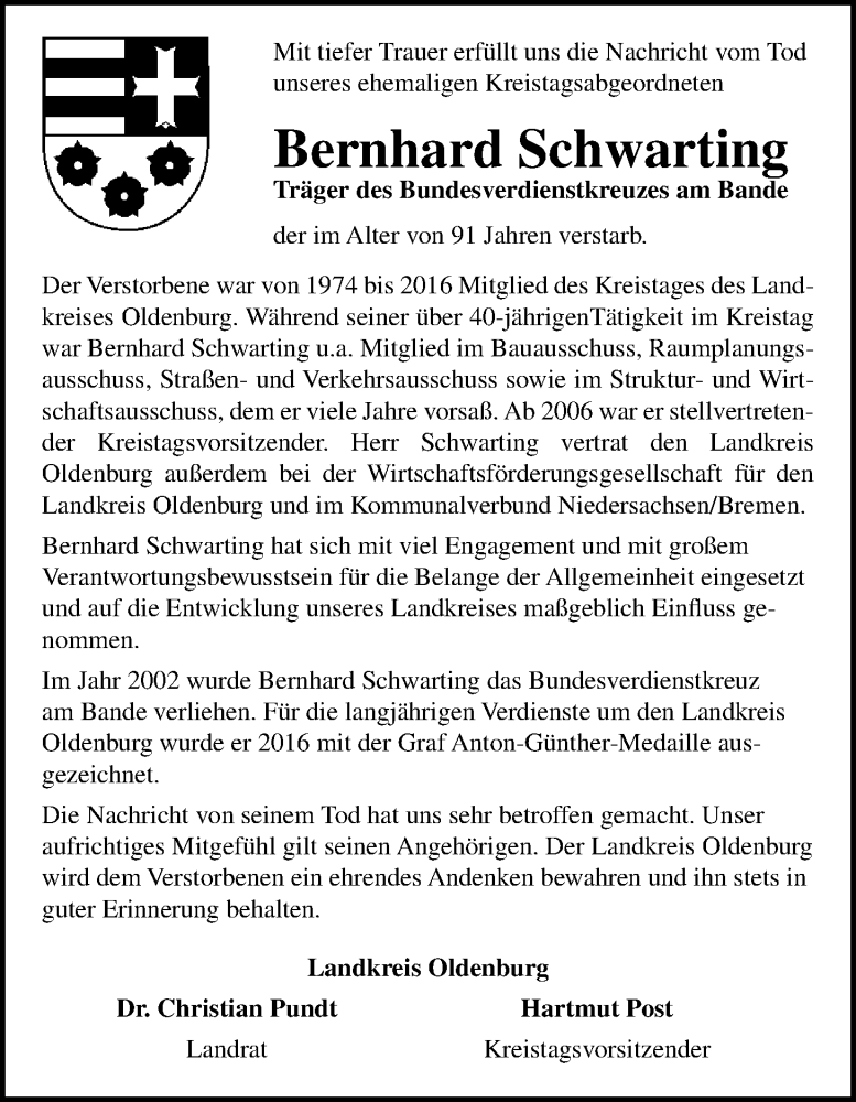 Traueranzeige für Bernhard Schwarting vom 12.10.2024 aus Nordwest-Zeitung