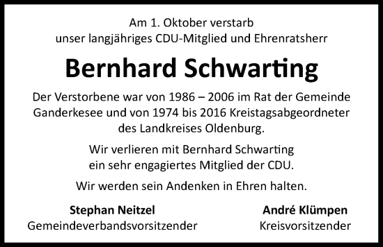 Traueranzeige von Bernhard Schwarting von Nordwest-Zeitung