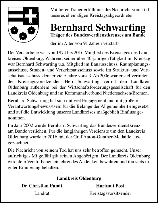 Traueranzeige von Bernhard Schwarting von Nordwest-Zeitung