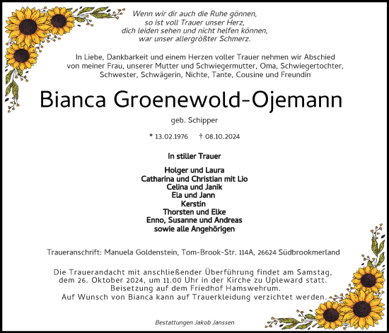 Traueranzeige von Bianca Groenewold-Ojemann von Emder Zeitung