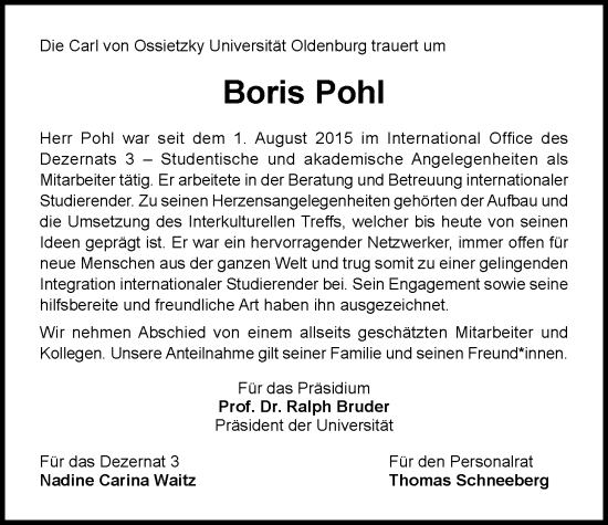 Traueranzeige von Boris Pohl von Nordwest-Zeitung