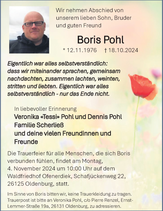 Traueranzeige von Boris Pohl von Nordwest-Zeitung