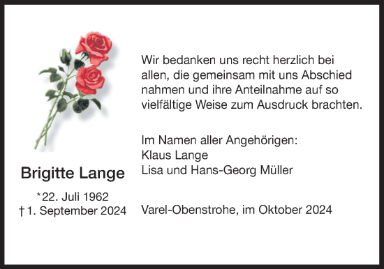 Traueranzeige von Brigitte Lange von Nordwest-Zeitung