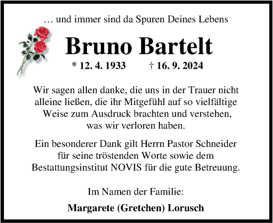 Traueranzeige von Bruno Bartelt von WZ/JW/AH
