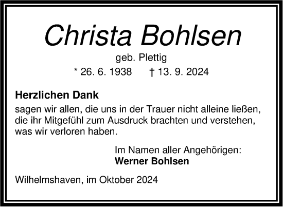 Traueranzeige von Christa Bohlsen von WZ/JW/AH