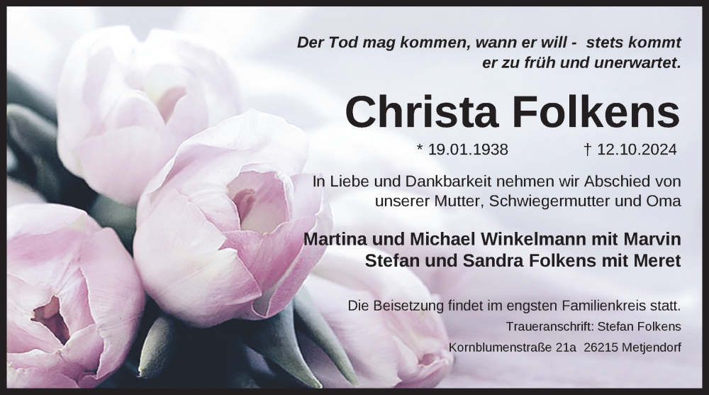  Traueranzeige für Christa Folkens vom 19.10.2024 aus Nordwest-Zeitung