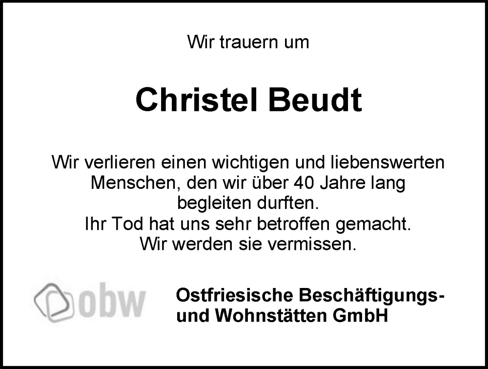 Traueranzeige für Christel Beudt vom 26.10.2024 aus Emder Zeitung