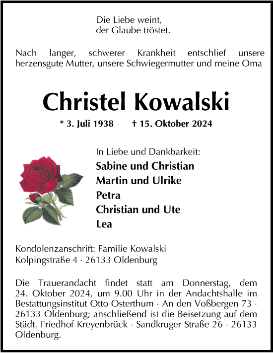 Traueranzeige von Christel Kowalski von Nordwest-Zeitung