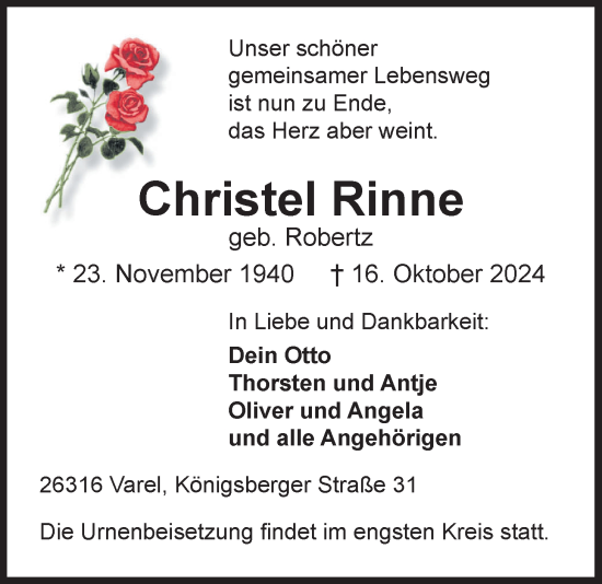 Traueranzeige von Christel Rinne von Nordwest-Zeitung