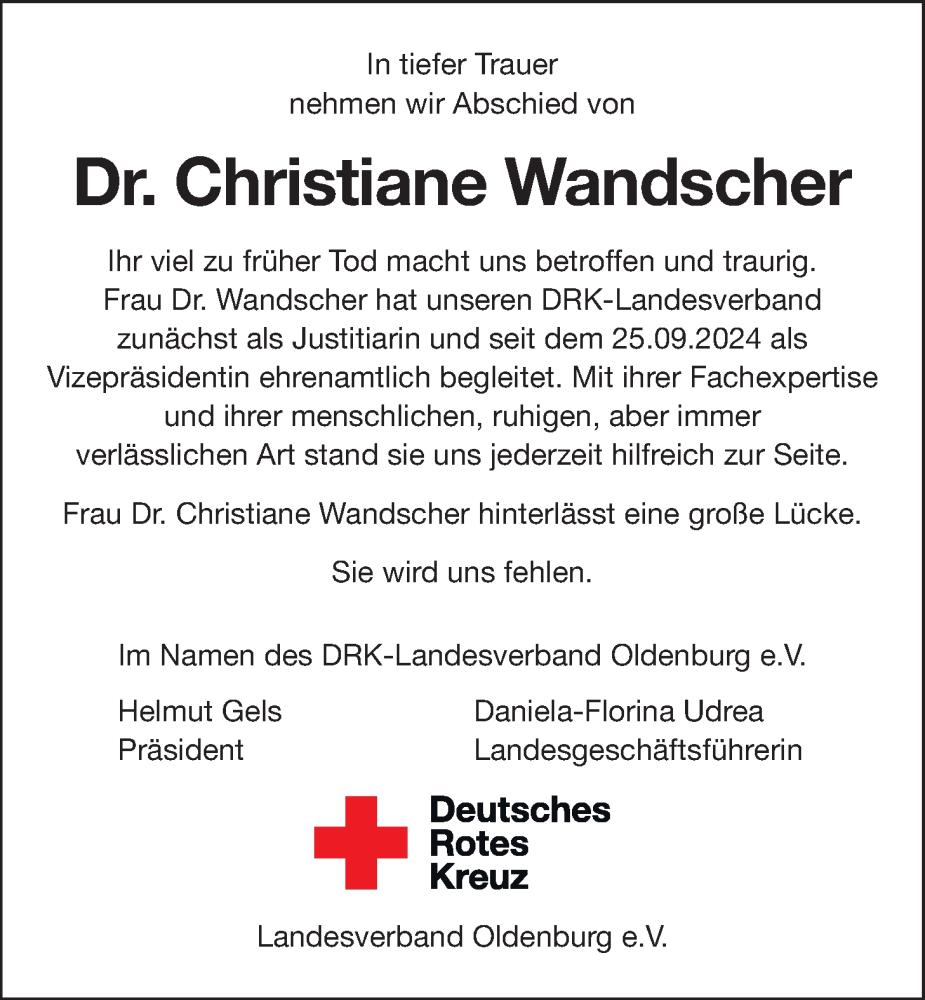  Traueranzeige für Christiane Wandscher vom 26.10.2024 aus Nordwest-Zeitung