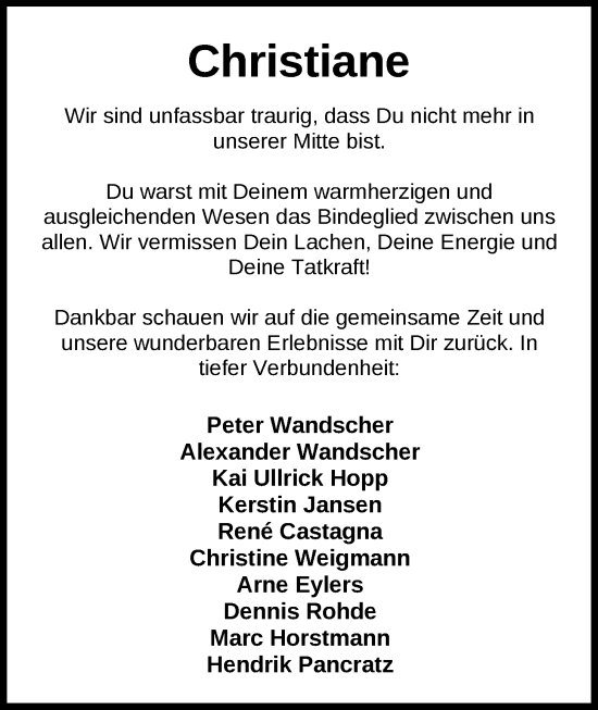 Traueranzeige von Christiane Wandscher von Nordwest-Zeitung