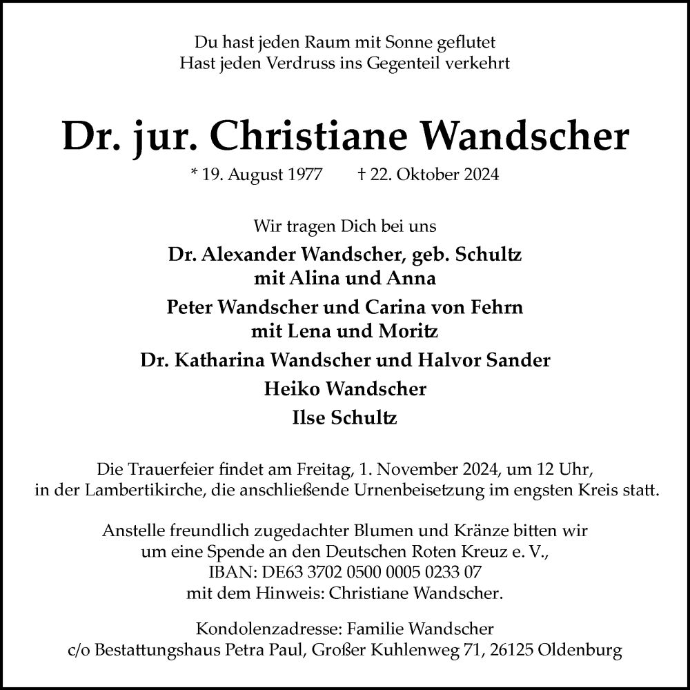  Traueranzeige für Christiane Wandscher vom 26.10.2024 aus Nordwest-Zeitung