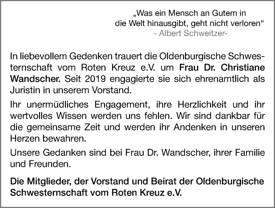 Traueranzeige von Christiane Wandscher von Nordwest-Zeitung