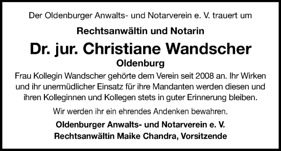 Traueranzeige von Christiane Wandscher von Nordwest-Zeitung