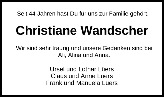 Traueranzeige von Christiane Wandscher von Nordwest-Zeitung