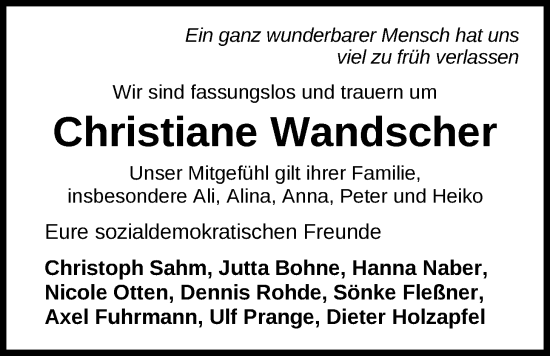 Traueranzeige von Christiane Wandscher von Nordwest-Zeitung