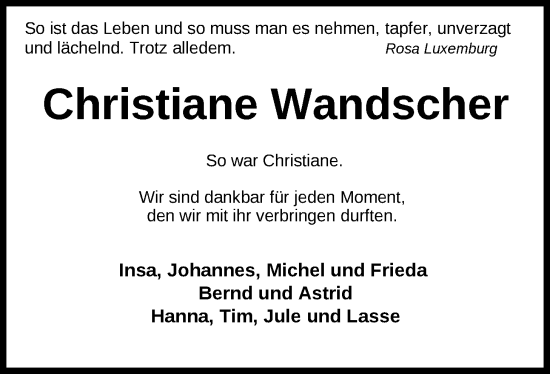 Traueranzeige von Christiane Wandscher von Nordwest-Zeitung