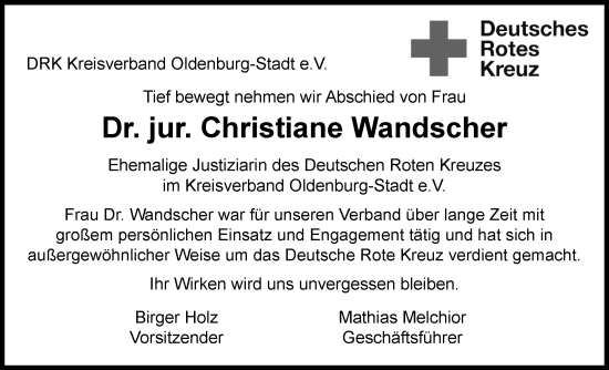 Traueranzeige von Christiane Wandscher von Nordwest-Zeitung