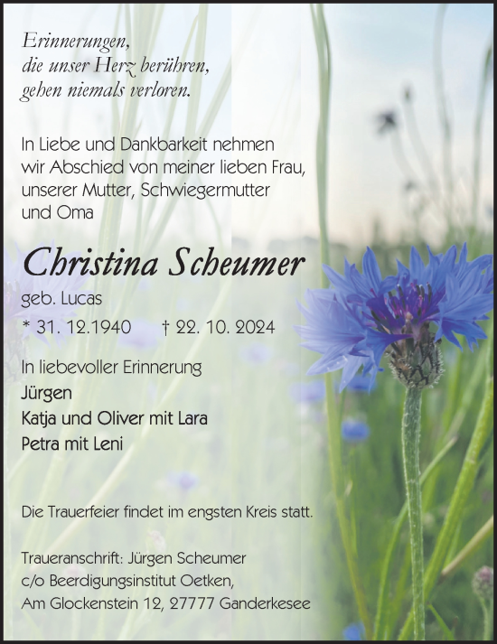 Traueranzeige von Christina Scheumer von Nordwest-Zeitung