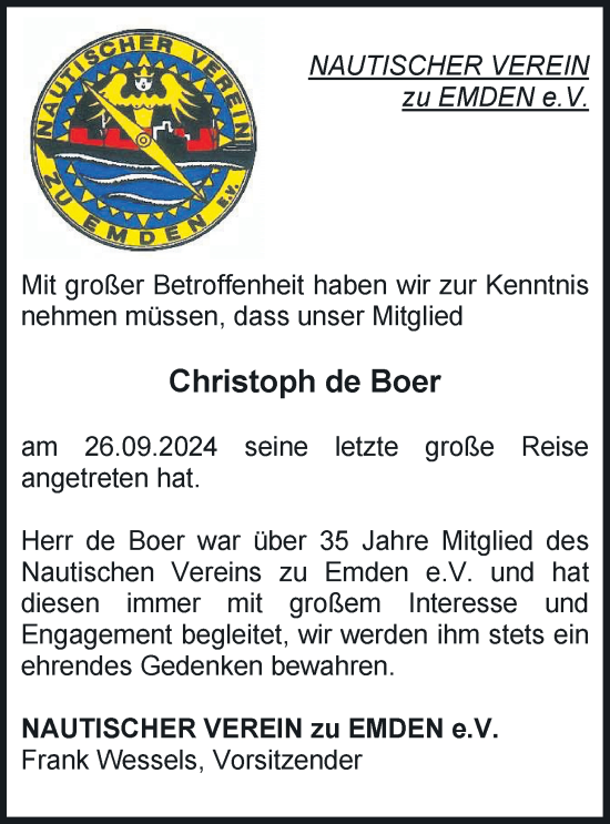 Traueranzeige von Christoph de Boer von Emder Zeitung