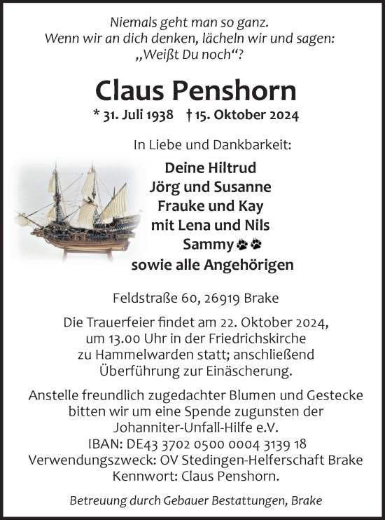 Traueranzeige von Claus Penshorn von Nordwest-Zeitung