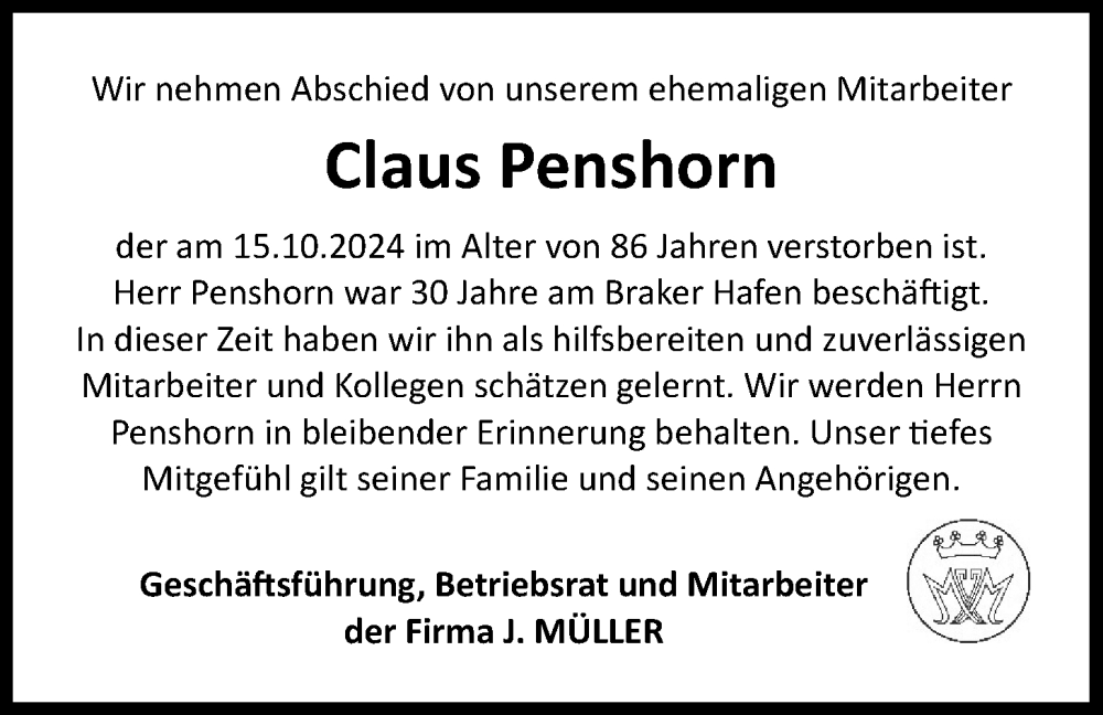  Traueranzeige für Claus Penshorn vom 19.10.2024 aus Nordwest-Zeitung