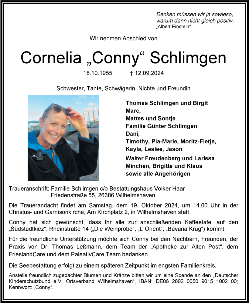  Traueranzeige für Cornelia Schlimgen vom 12.10.2024 aus WZ/JW/AH