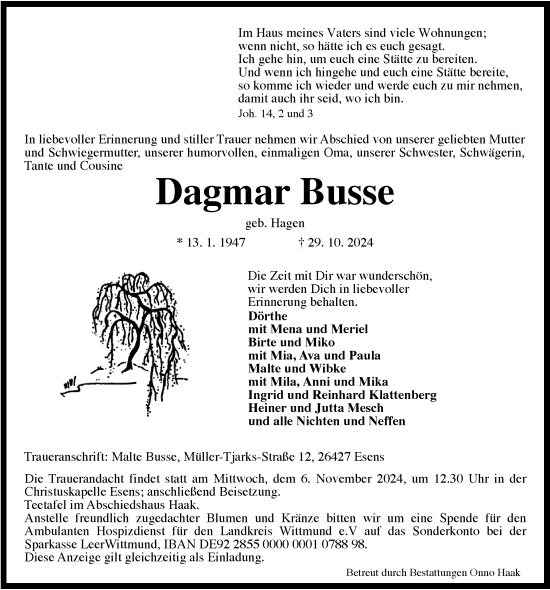 Traueranzeige von Dagmar Busse von WZ/JW/AH