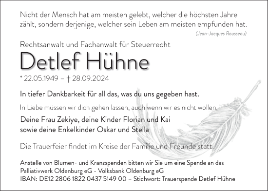 Traueranzeige von Detlef Hühne von Nordwest-Zeitung